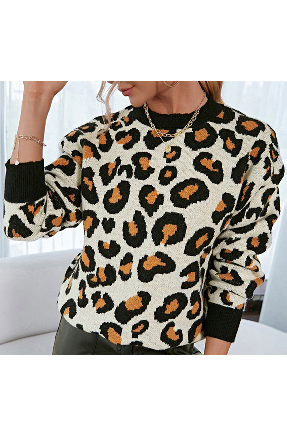 Women Splendid Leopard Pattern Restful Round Neck & Long Sleeve Winter Pullover Sweater