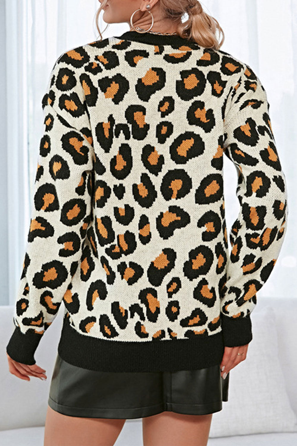 Women Splendid Leopard Pattern Restful Round Neck & Long Sleeve Winter Pullover Sweater