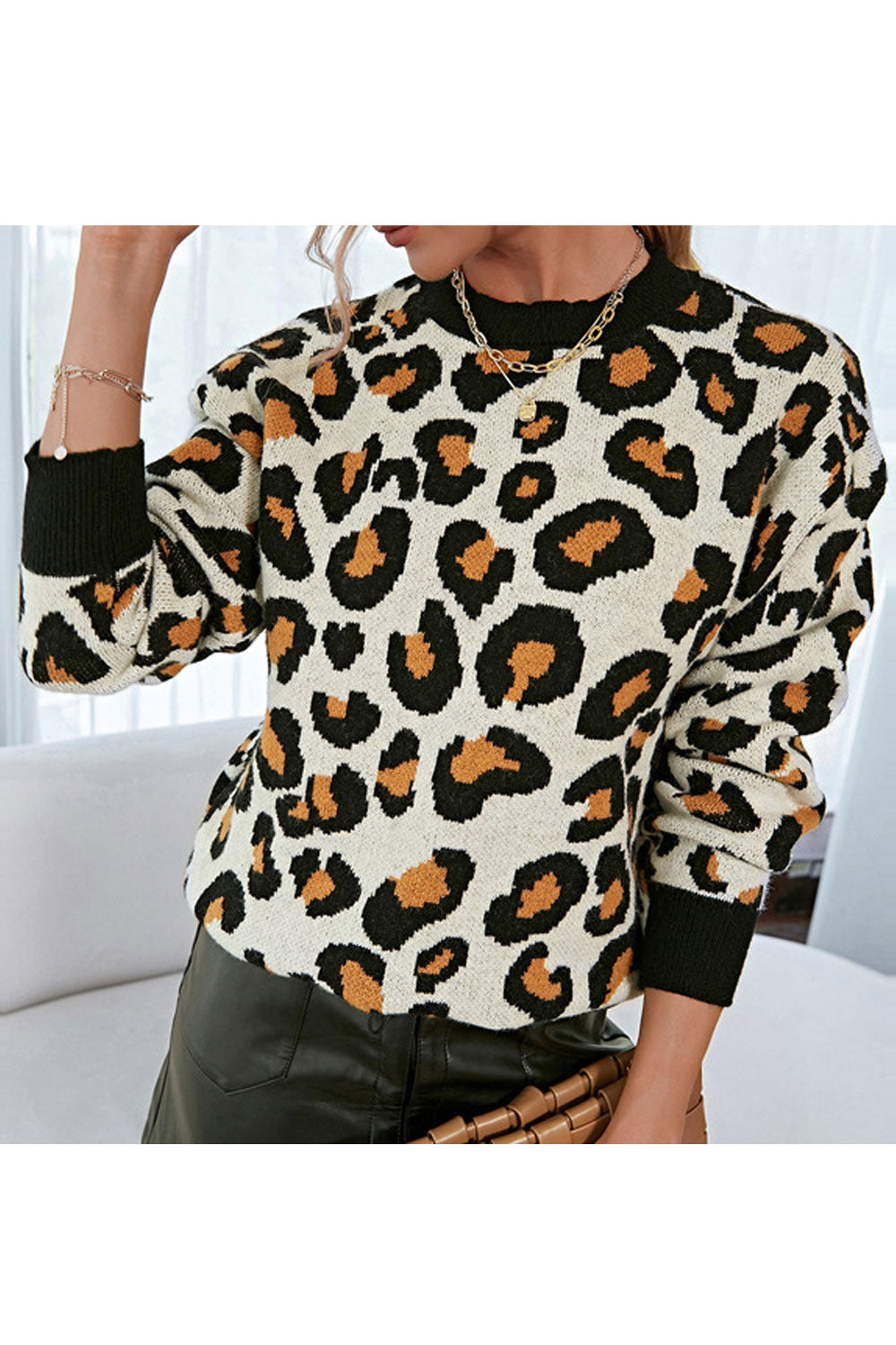 Women Splendid Leopard Pattern Restful Round Neck & Long Sleeve Winter Pullover Sweater