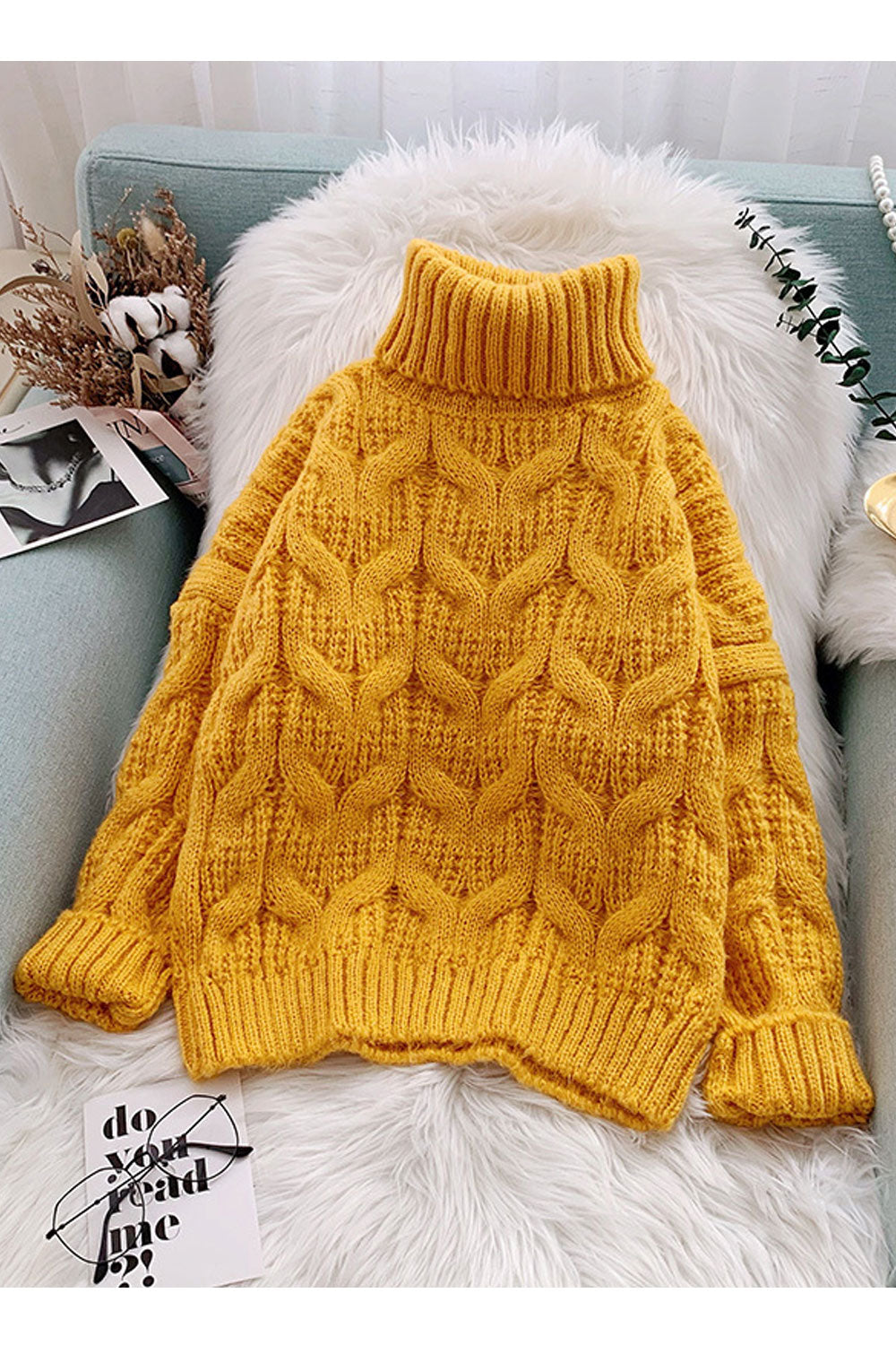 Women Beautiful Solid Colored Restful High Neck Thick Long Sleeve Winter Pullover Sweater