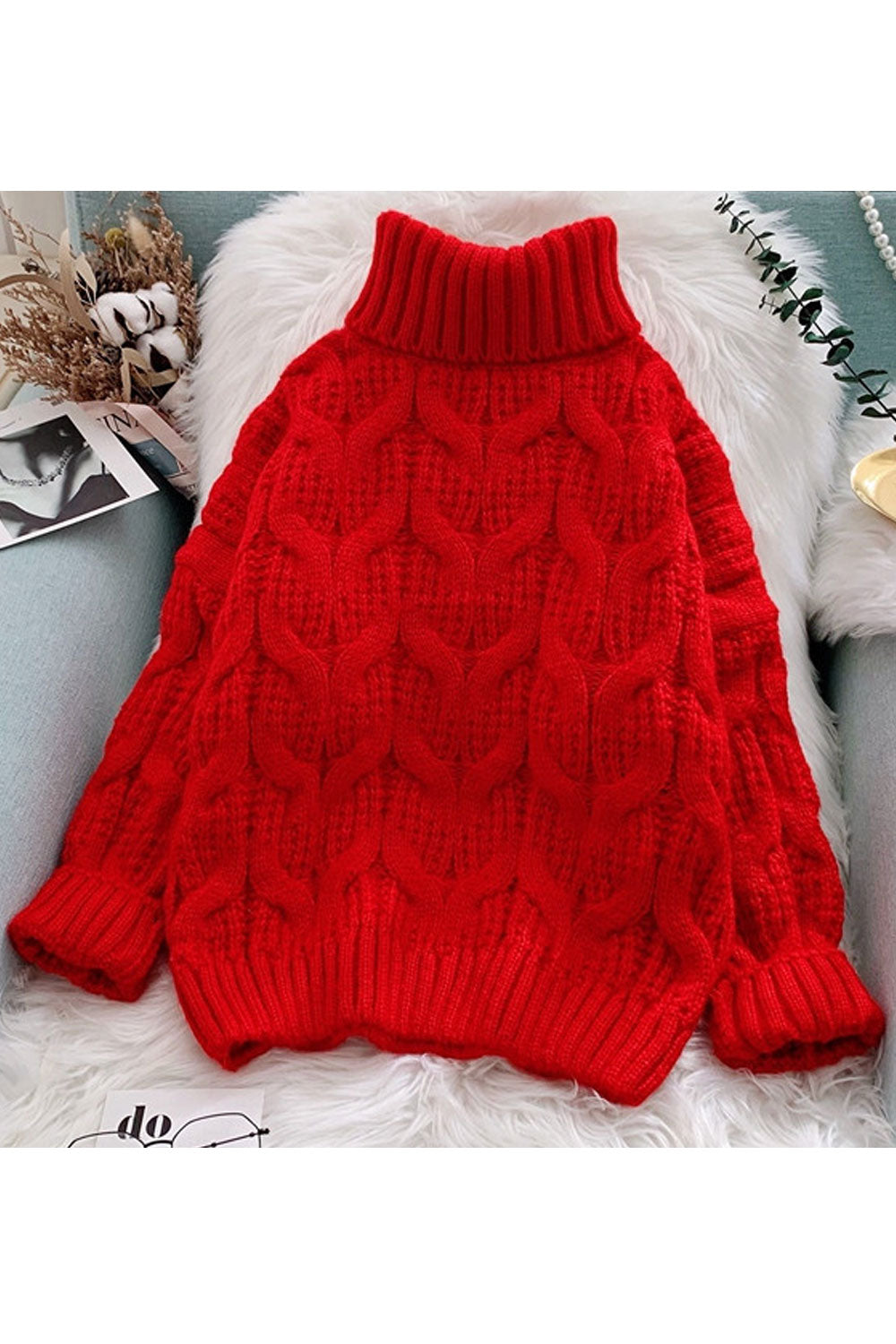Women Beautiful Solid Colored Restful High Neck Thick Long Sleeve Winter Pullover Sweater