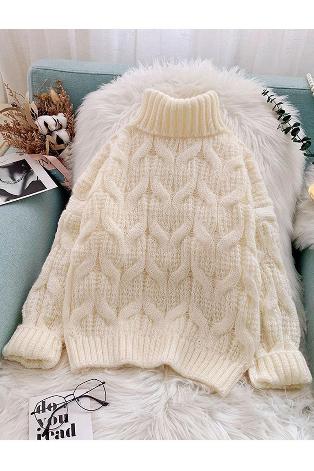 Women Beautiful Solid Colored Restful High Neck Thick Long Sleeve Winter Pullover Sweater