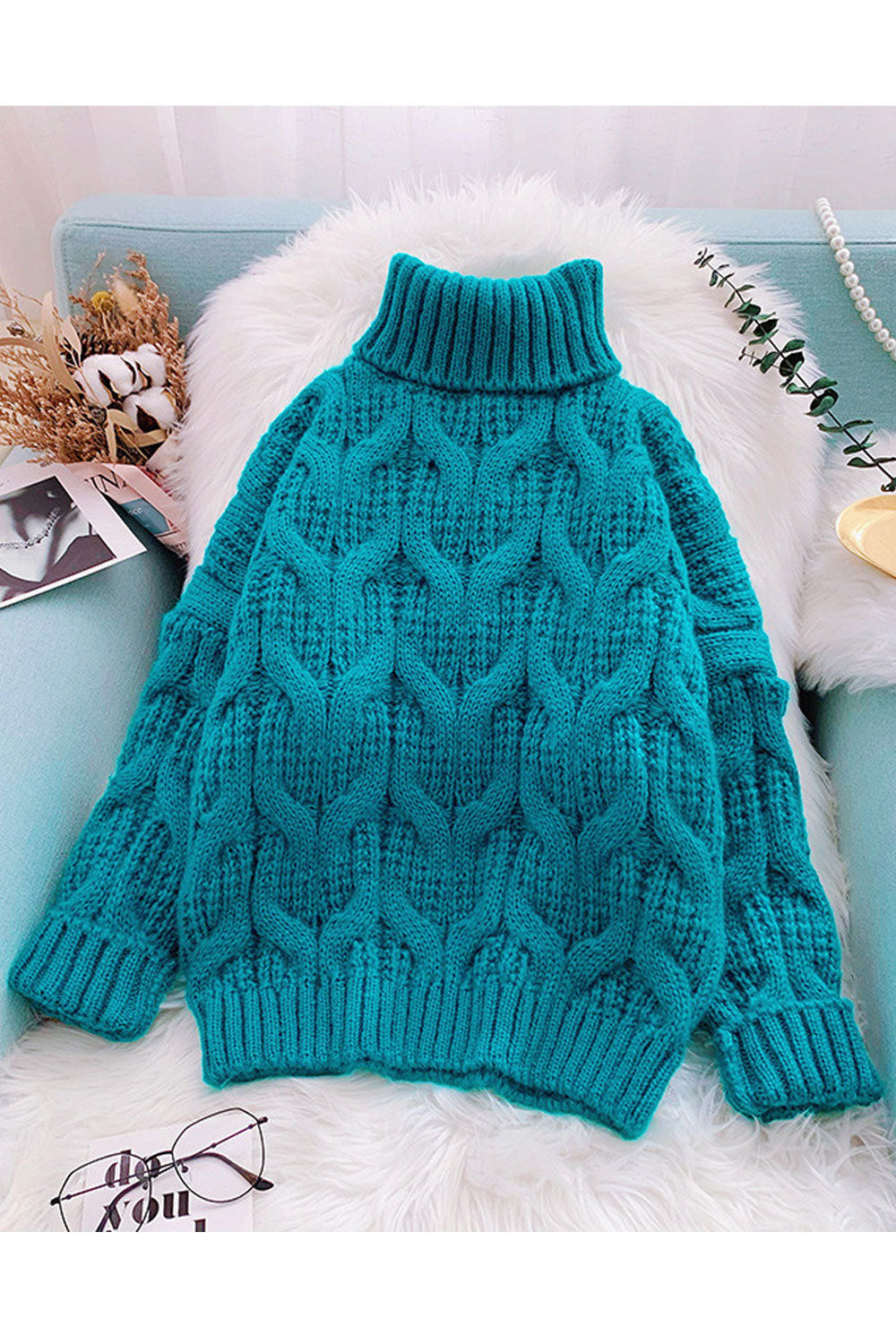 Women Beautiful Solid Colored Restful High Neck Thick Long Sleeve Winter Pullover Sweater
