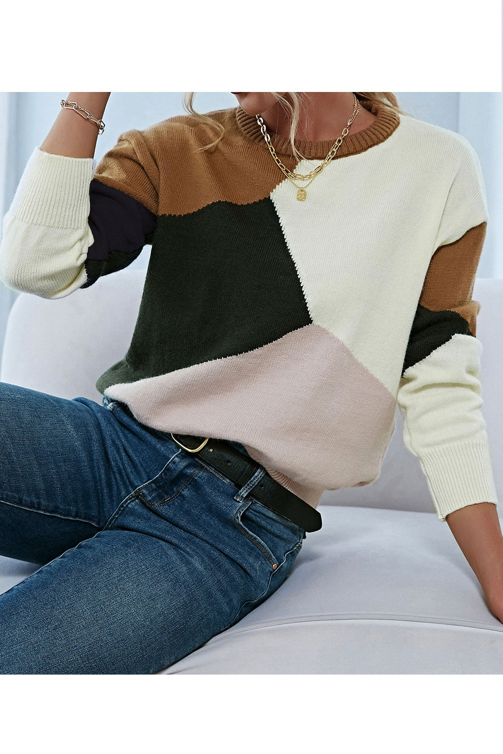 Women Elegent Solid Colored Knitted Long Sleeve Comfortable Round Neck Winter Pullover Sweater