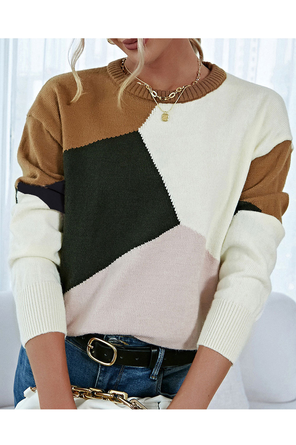 Women Elegent Solid Colored Knitted Long Sleeve Comfortable Round Neck Winter Pullover Sweater