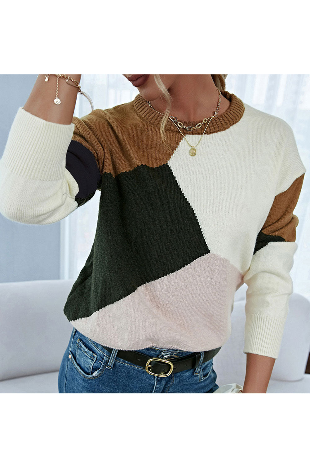 Women Elegent Solid Colored Knitted Long Sleeve Comfortable Round Neck Winter Pullover Sweater