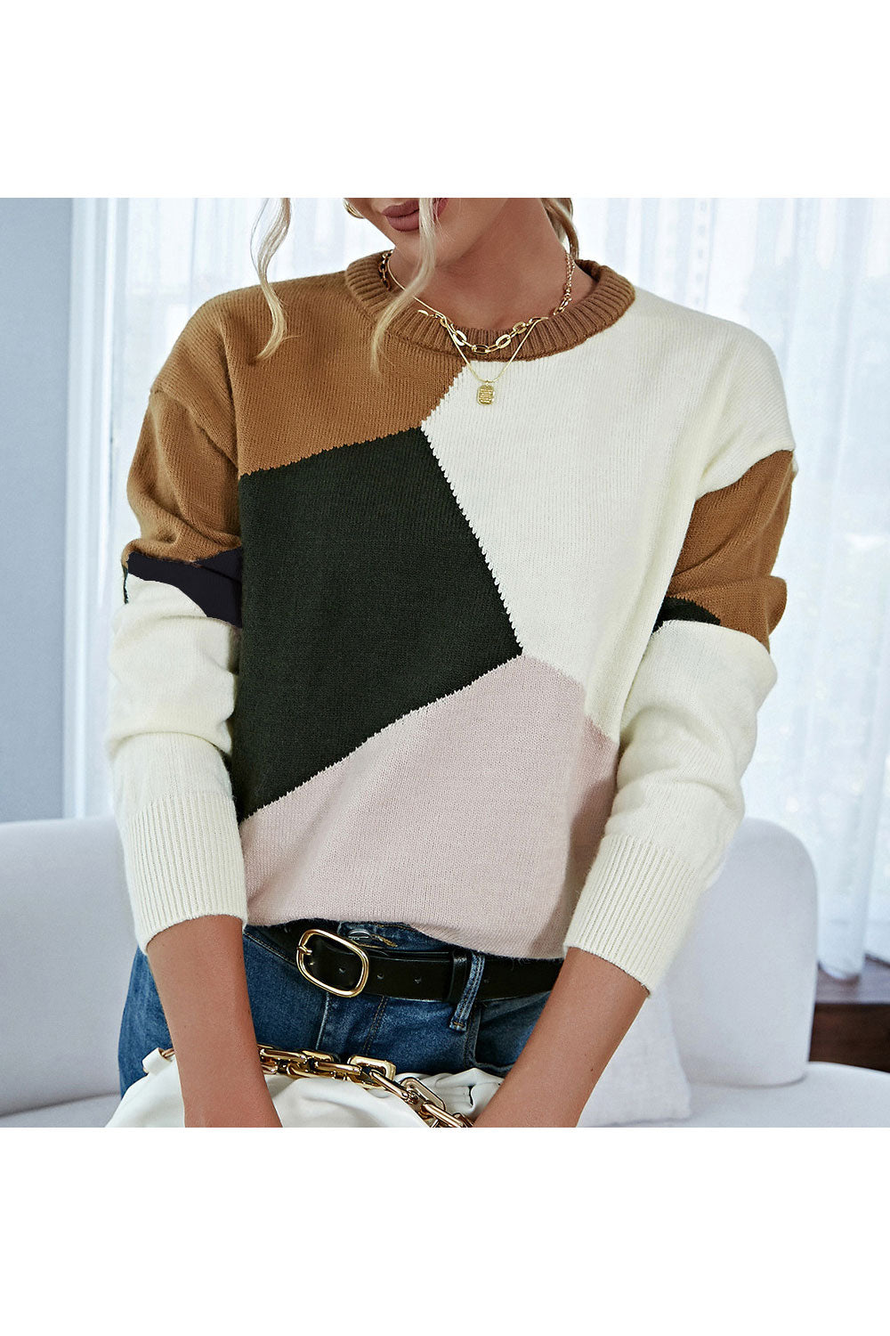Women Elegent Solid Colored Knitted Long Sleeve Comfortable Round Neck Winter Pullover Sweater