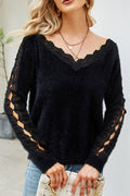 Women Modern Styled Deep V-Neck Hollow Long Sleeve Trendy Solid Colored Winter Sweater