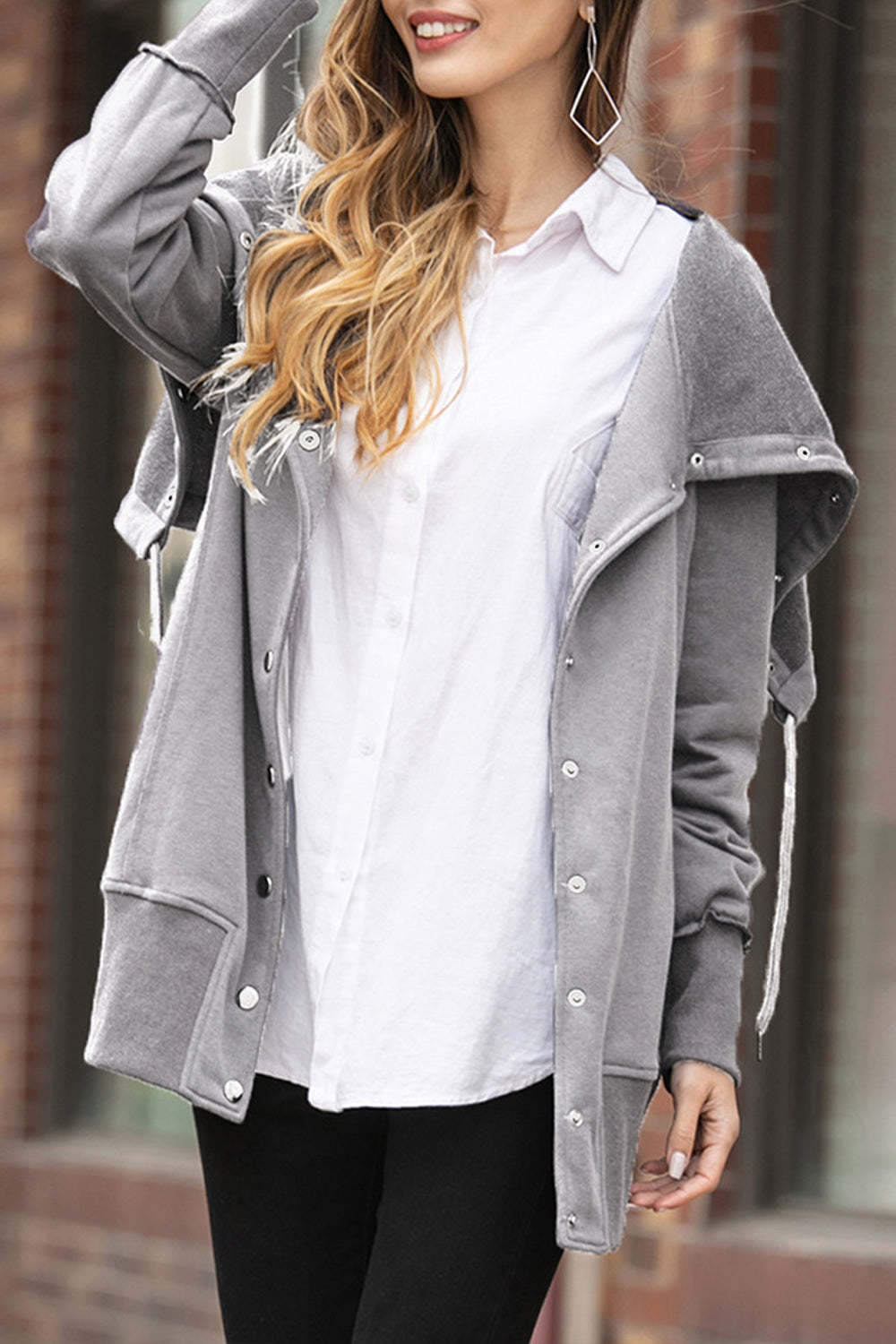 Women Pretty Solid Colored Easy Snap Button Closure Loose & Warm Long Sleeve Casual Jacket