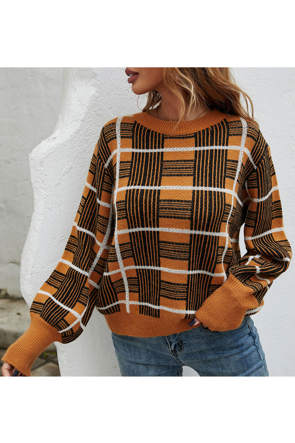 Women Beautiful Plaid Pattern Restful Round Neck Knitted Long Sleeve Winter Pullover Sweater