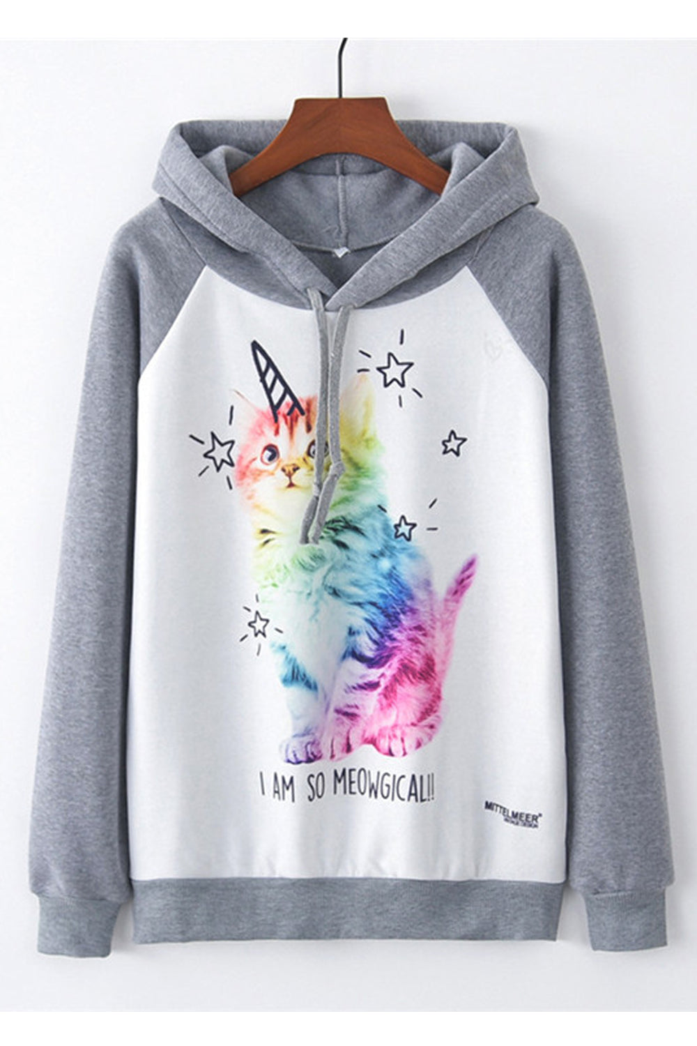 Women Cute Printed Pattern Ribbed Hem Long Sleeve Hooded Neck Pullover Warm Weekend Casual Hoodie