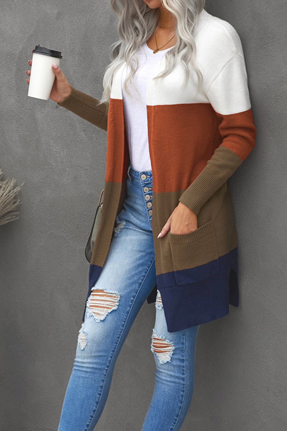 Women Appealing Front Open Warm & Thick Flap Pockets Stripe Pattern Winter Cardigan