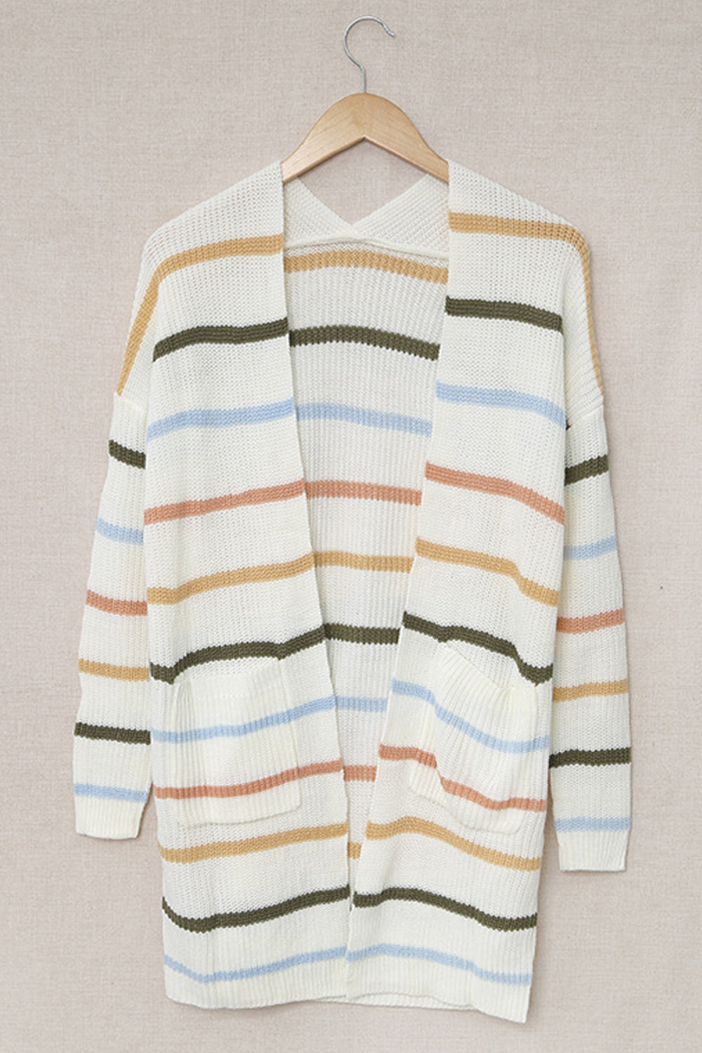 Women Appealing Front Open Warm & Thick Flap Pockets Stripe Pattern Winter Cardigan