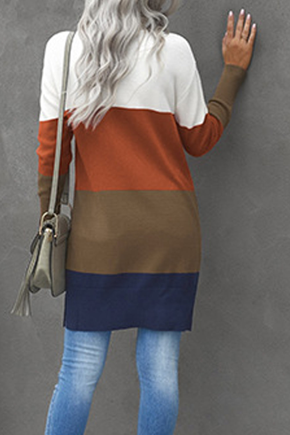 Women Appealing Front Open Warm & Thick Flap Pockets Stripe Pattern Winter Cardigan
