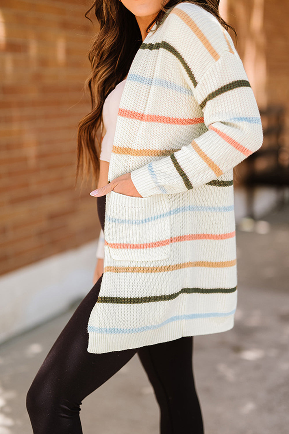 Women Appealing Front Open Warm & Thick Flap Pockets Stripe Pattern Winter Cardigan