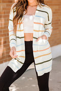 Women Appealing Front Open Warm & Thick Flap Pockets Stripe Pattern Winter Cardigan