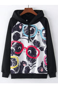 Women Modern Print Pattern Drawstring Hooded Neck Ribbed Long Sleeve Winter Casual Hoodie