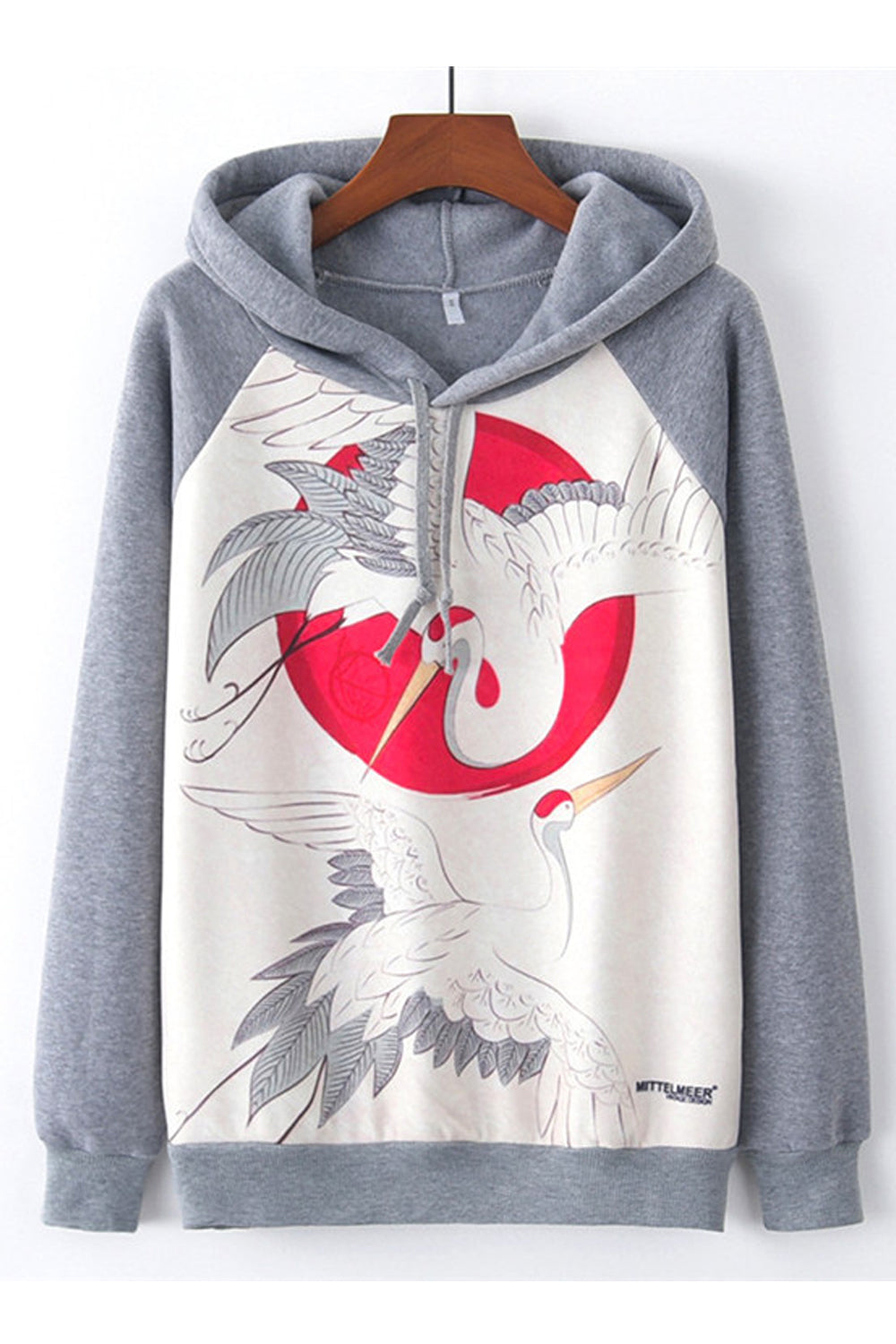 Women Stylish Print Drawstring Hooded Neck Ribbed Hem Pullover Winter Casual Hoodie