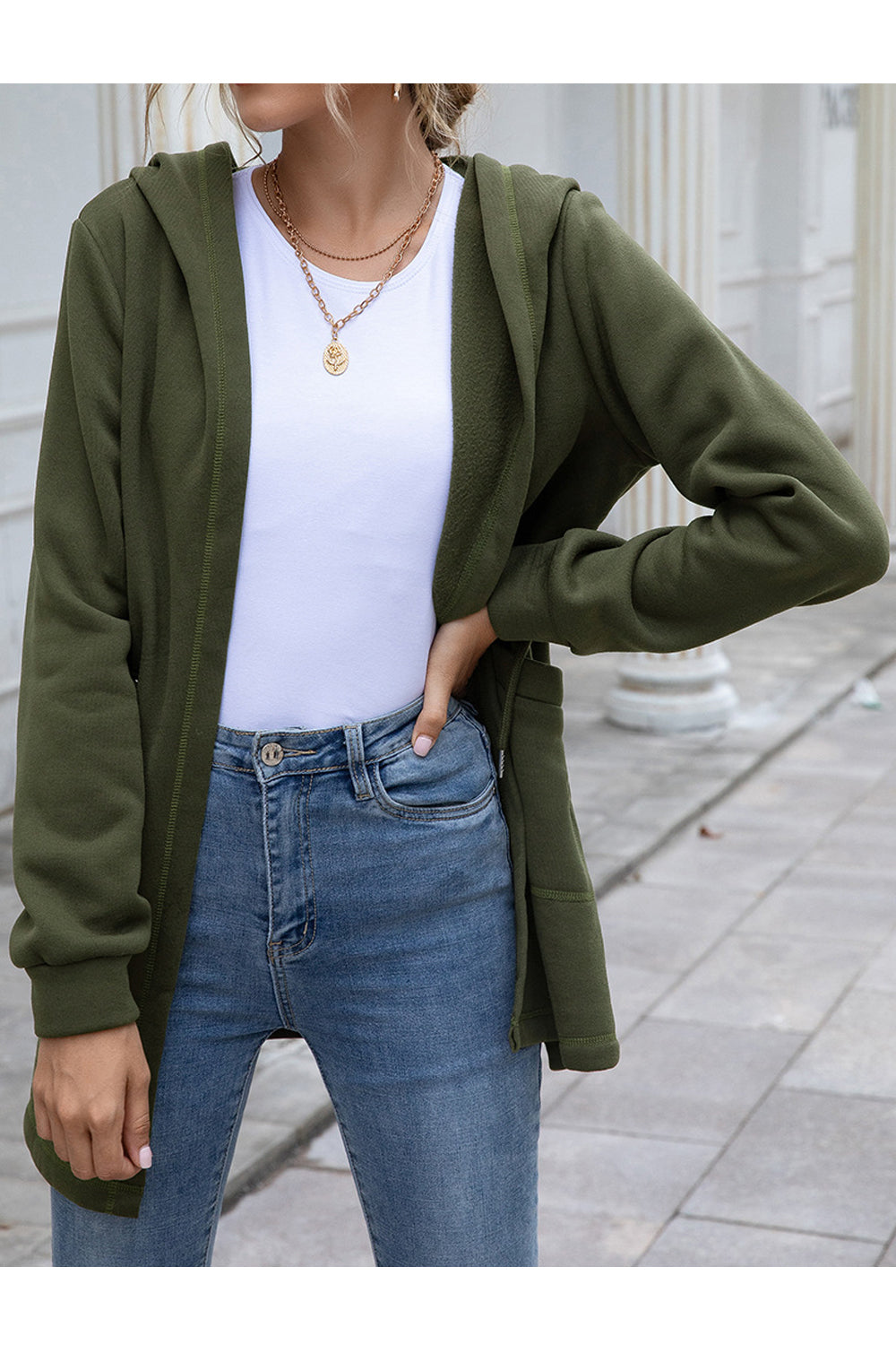 Women Superb Adjustable Drawstring Waist Closure Flap Pockets Comfy Long Sleeve Warm Cardigan