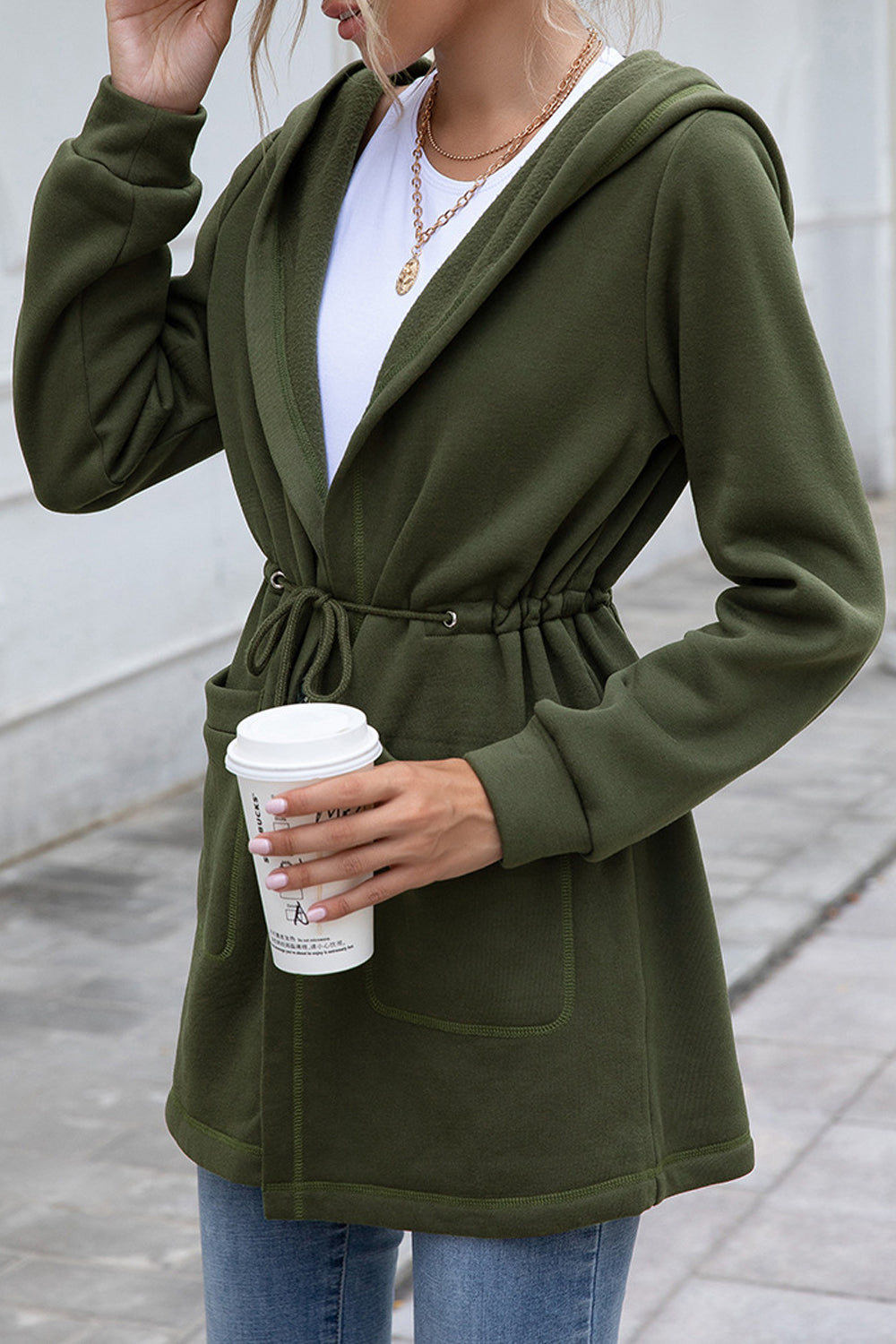 Women Superb Adjustable Drawstring Waist Closure Flap Pockets Comfy Long Sleeve Warm Cardigan
