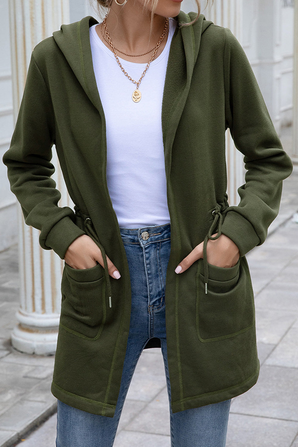 Women Superb Adjustable Drawstring Waist Closure Flap Pockets Comfy Long Sleeve Warm Cardigan