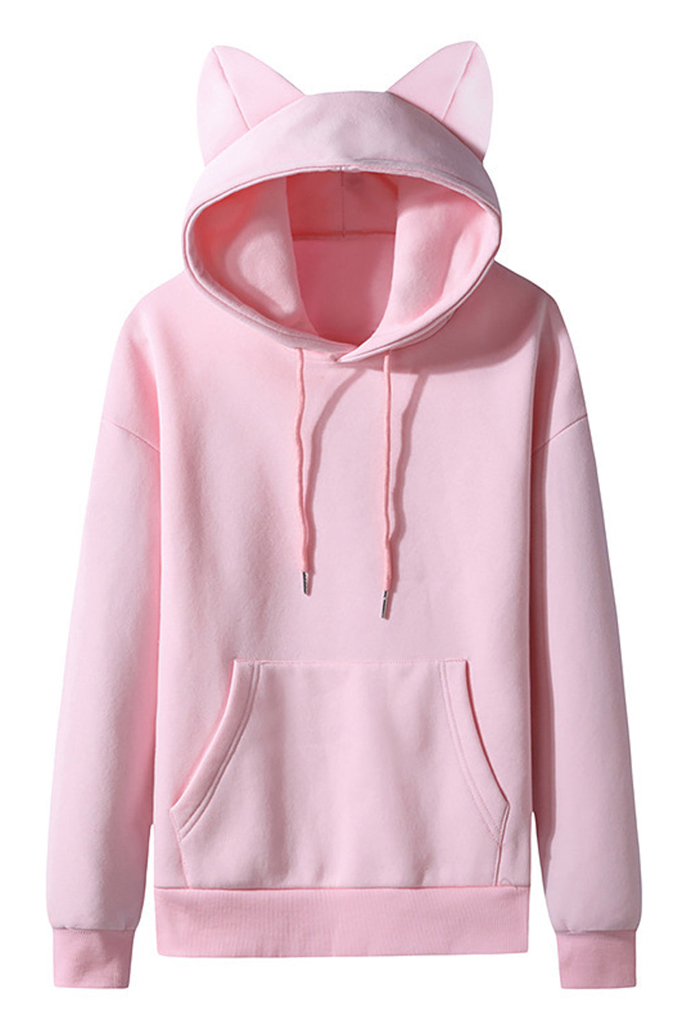 Women Stylish Solid Colored Warm Ribbed Cuff Cat Ear Hooded Fleece Winter Casual Pullover Hoodie