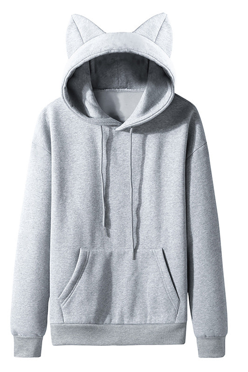 Women Stylish Solid Colored Warm Ribbed Cuff Cat Ear Hooded Fleece Winter Casual Pullover Hoodie