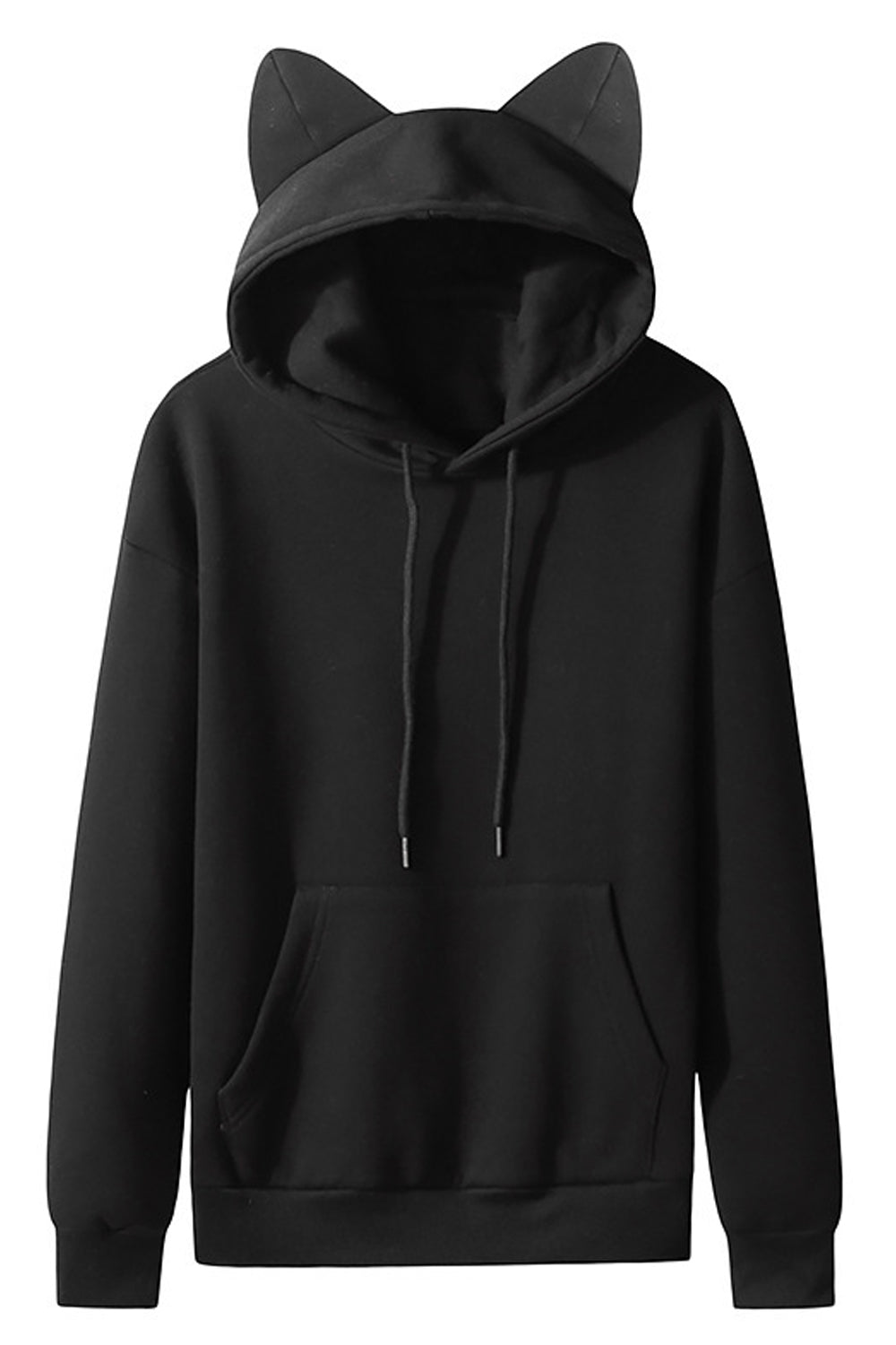 Women Stylish Solid Colored Warm Ribbed Cuff Cat Ear Hooded Fleece Winter Casual Pullover Hoodie
