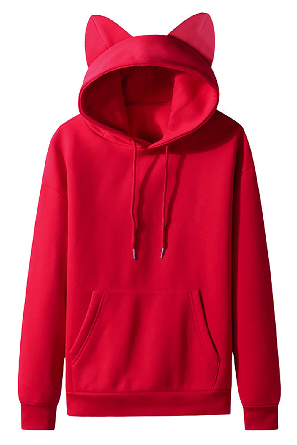 Women Stylish Solid Colored Warm Ribbed Cuff Cat Ear Hooded Fleece Winter Casual Pullover Hoodie