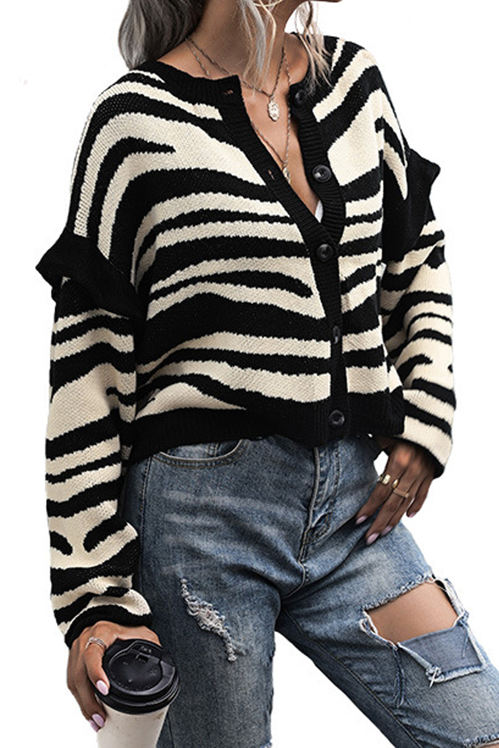 Women Amazing Loose Fit Zebra Printed Long Sleeve Round Neck Winter Short Cardigan
