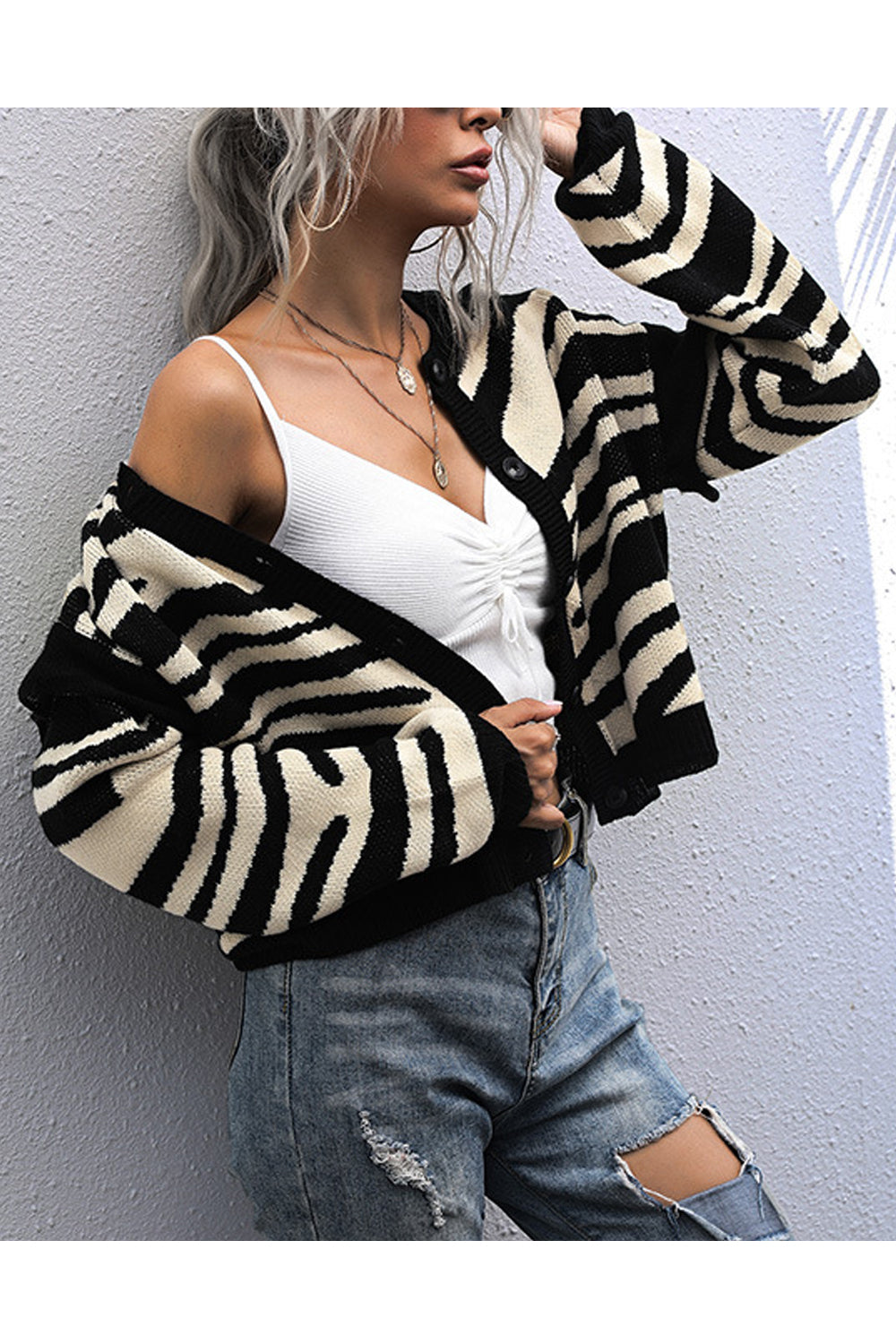 Women Amazing Loose Fit Zebra Printed Long Sleeve Round Neck Winter Short Cardigan