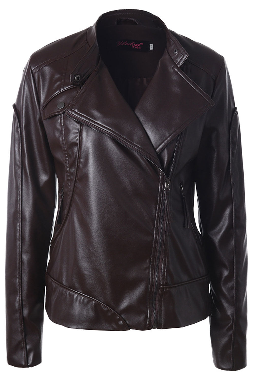 Women Modern Designed Standup Collar Zip Closure Side Pockets Comfy Winter Leather Jacket