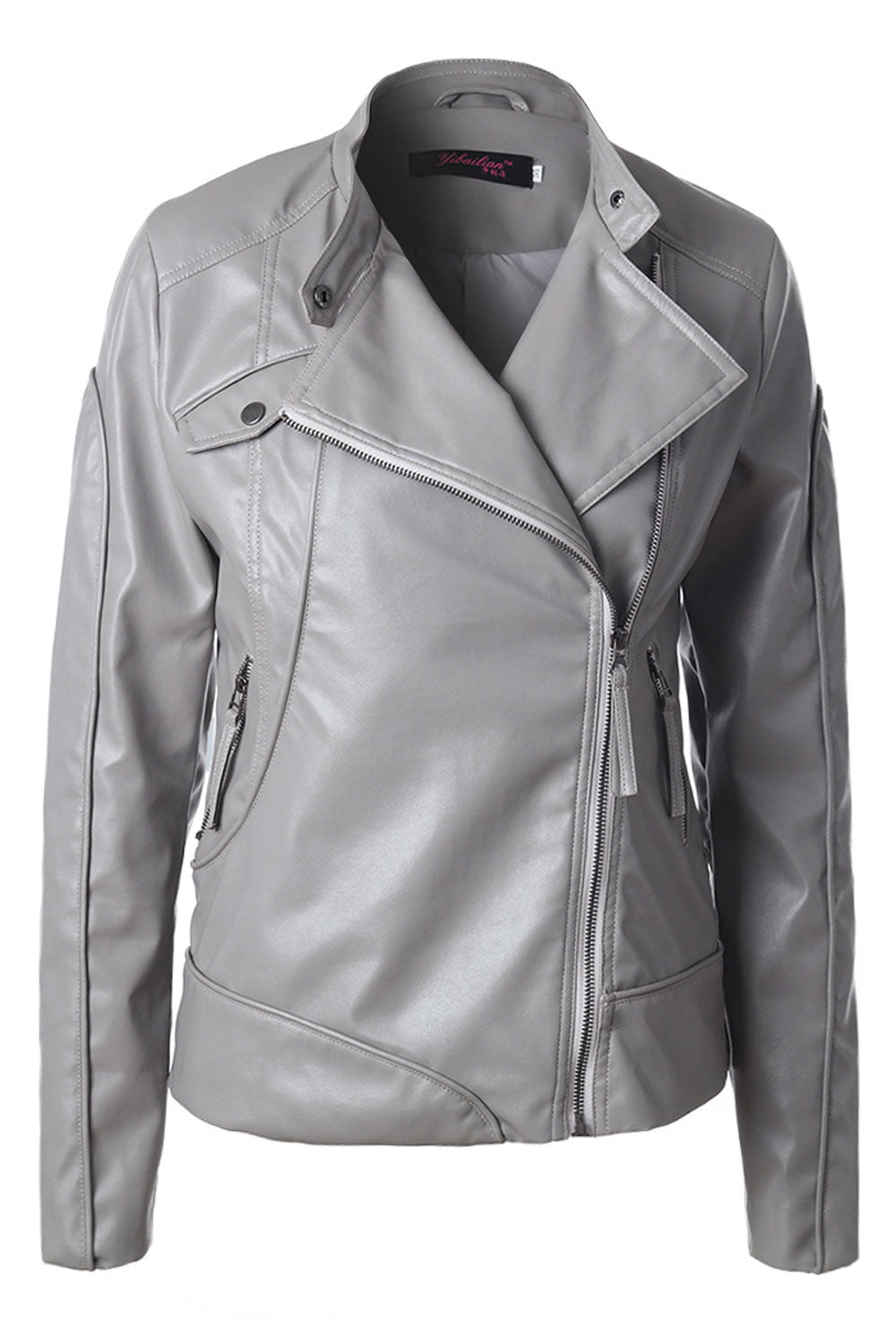 Women Modern Designed Standup Collar Zip Closure Side Pockets Comfy Winter Leather Jacket