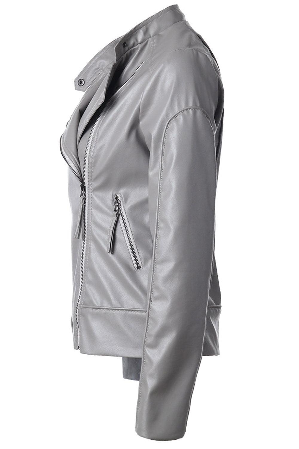 Women Modern Designed Standup Collar Zip Closure Side Pockets Comfy Winter Leather Jacket