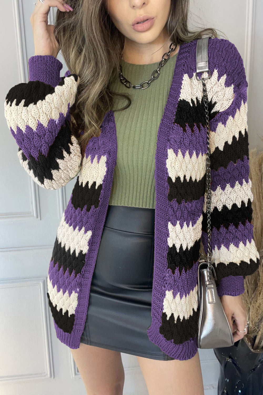Women Unique Knitted Stripe Pattern Front Open Beautiful Sleeves Warm Winter Cardigan