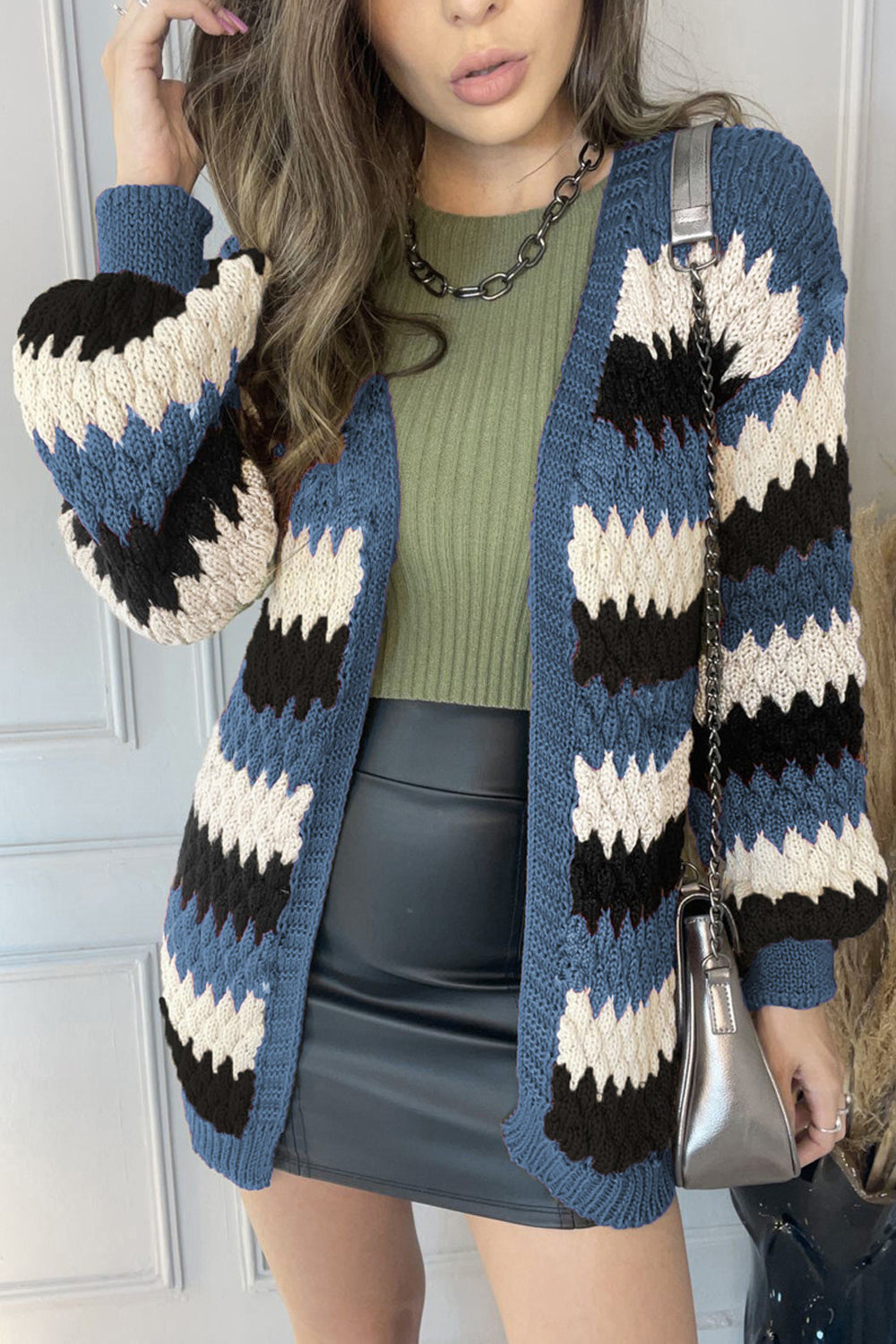 Women Unique Knitted Stripe Pattern Front Open Beautiful Sleeves Warm Winter Cardigan