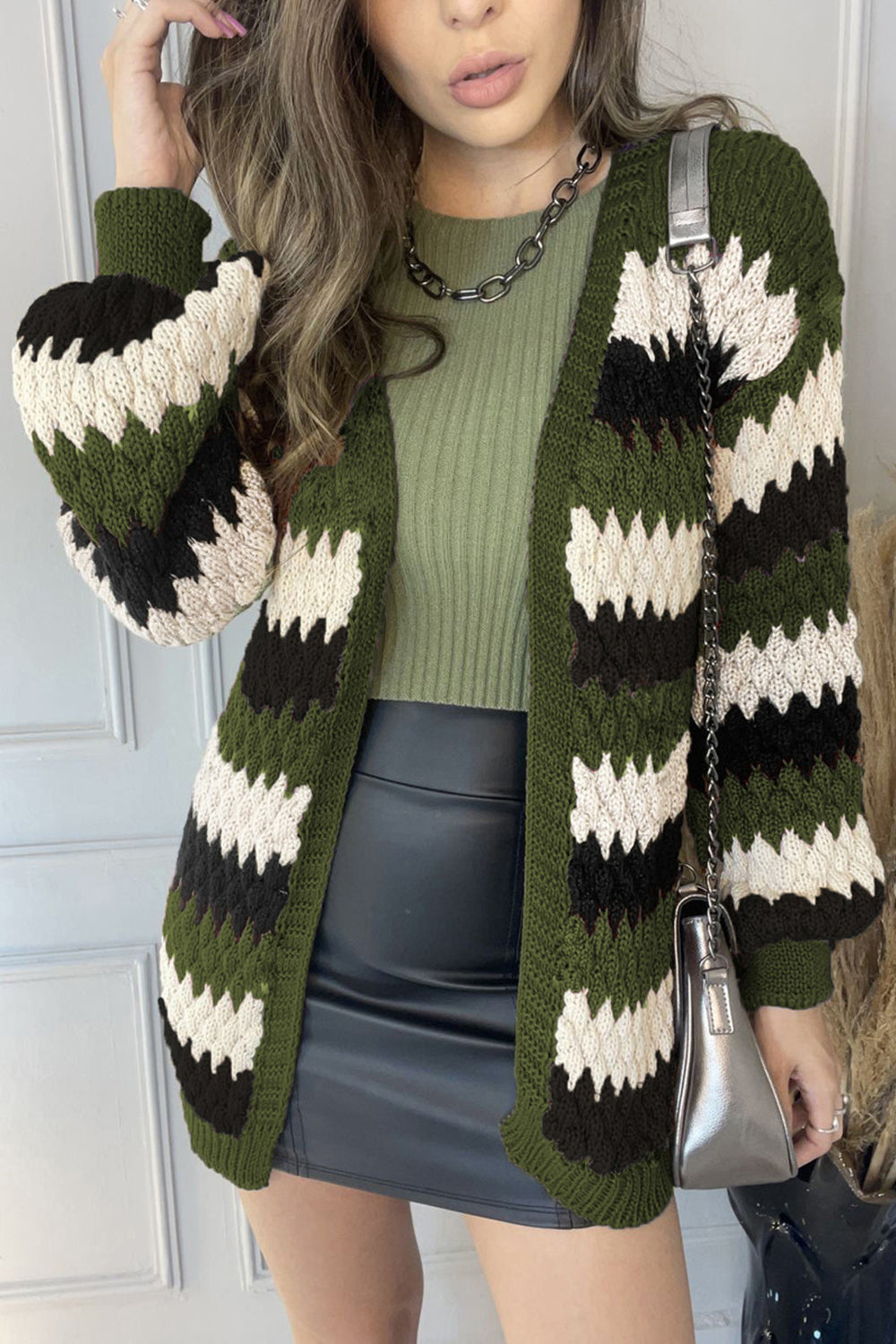 Women Unique Knitted Stripe Pattern Front Open Beautiful Sleeves Warm Winter Cardigan