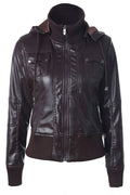 Women Outstanding Designed Ribbed Hem & Cuff Adjustable Hooded Zip Closure Comfy & Attractive Leather Jacket
