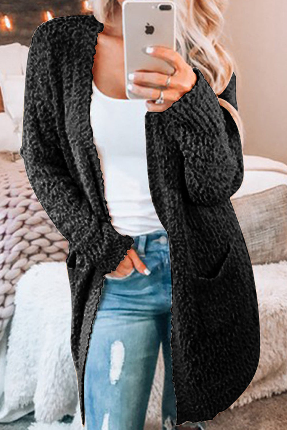Women Comfortable Big Pockets Front Open Style Knitted Warm Winter Cardigan
