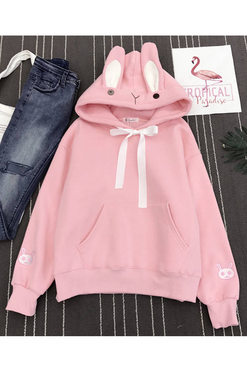 Women Fancy Rabbit Ear Hat Neck Thick & Soft Long Sleeve Superb Solid Colored Pullover Hoodie