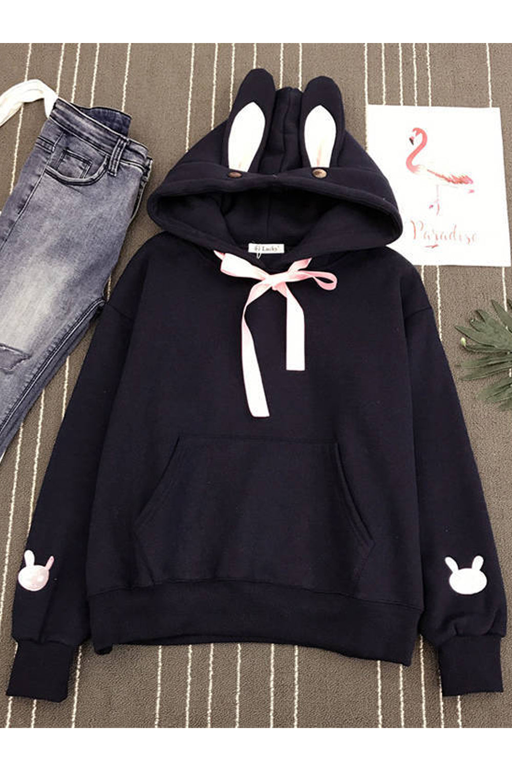 Women Fancy Rabbit Ear Hat Neck Thick & Soft Long Sleeve Superb Solid Colored Pullover Hoodie