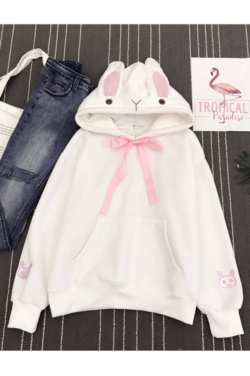 Women Fancy Rabbit Ear Hat Neck Thick & Soft Long Sleeve Superb Solid Colored Pullover Hoodie