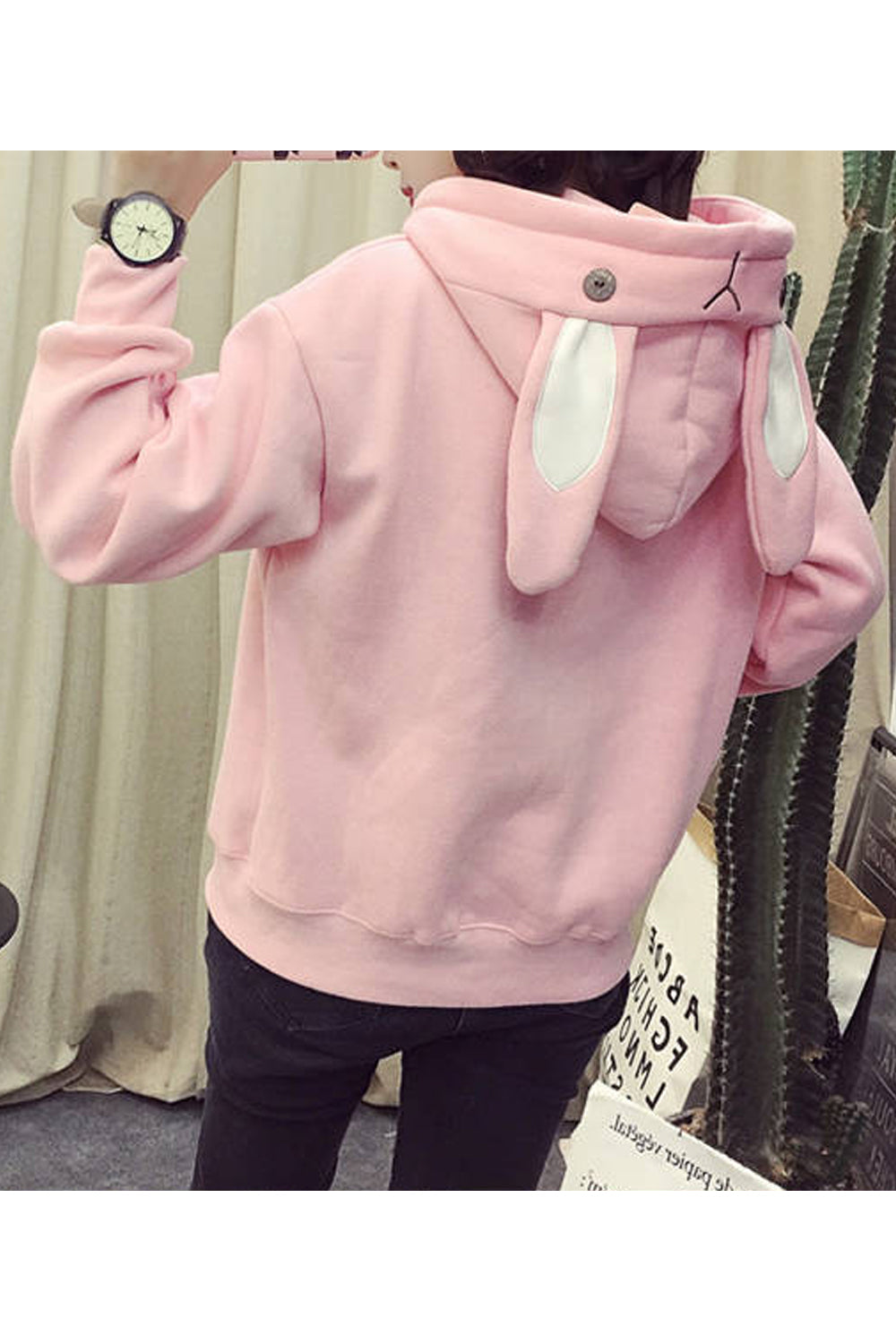 Women Fancy Rabbit Ear Hat Neck Thick & Soft Long Sleeve Superb Solid Colored Pullover Hoodie