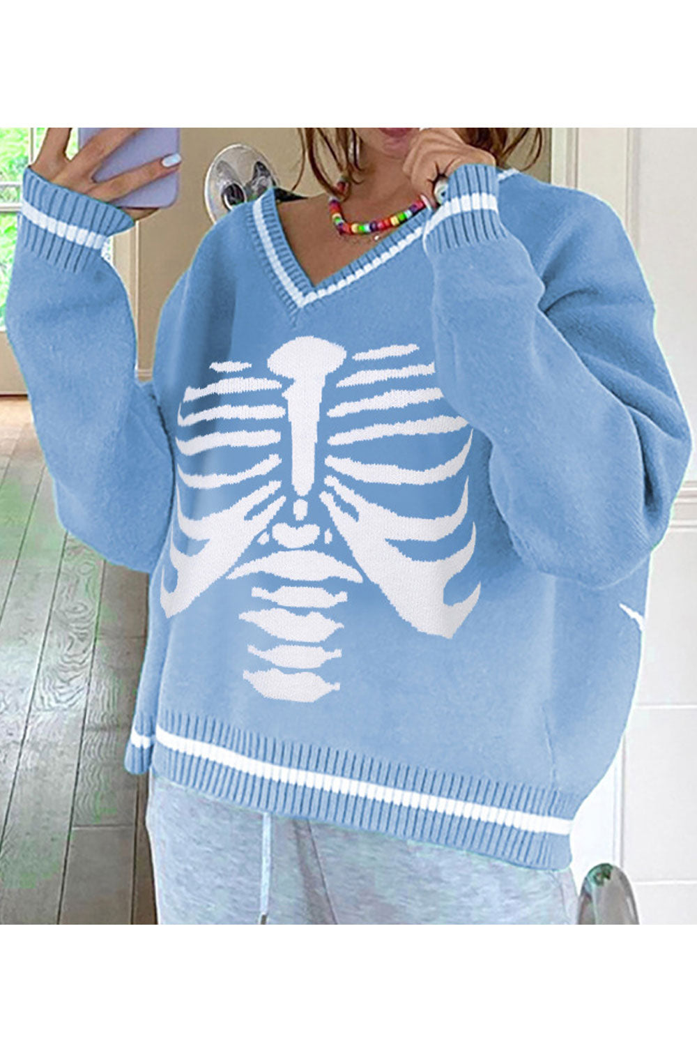 Women Restful V-Neck Classy Printed Pattern Warm Long Sleeve Winter Casual Sweater