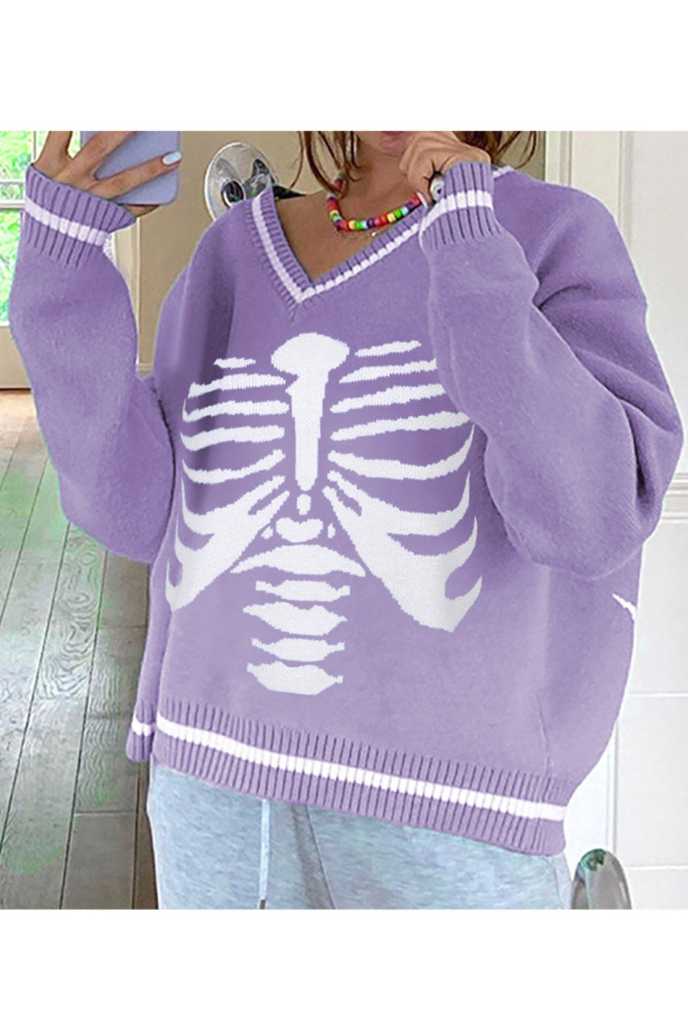 Women Restful V-Neck Classy Printed Pattern Warm Long Sleeve Winter Casual Sweater