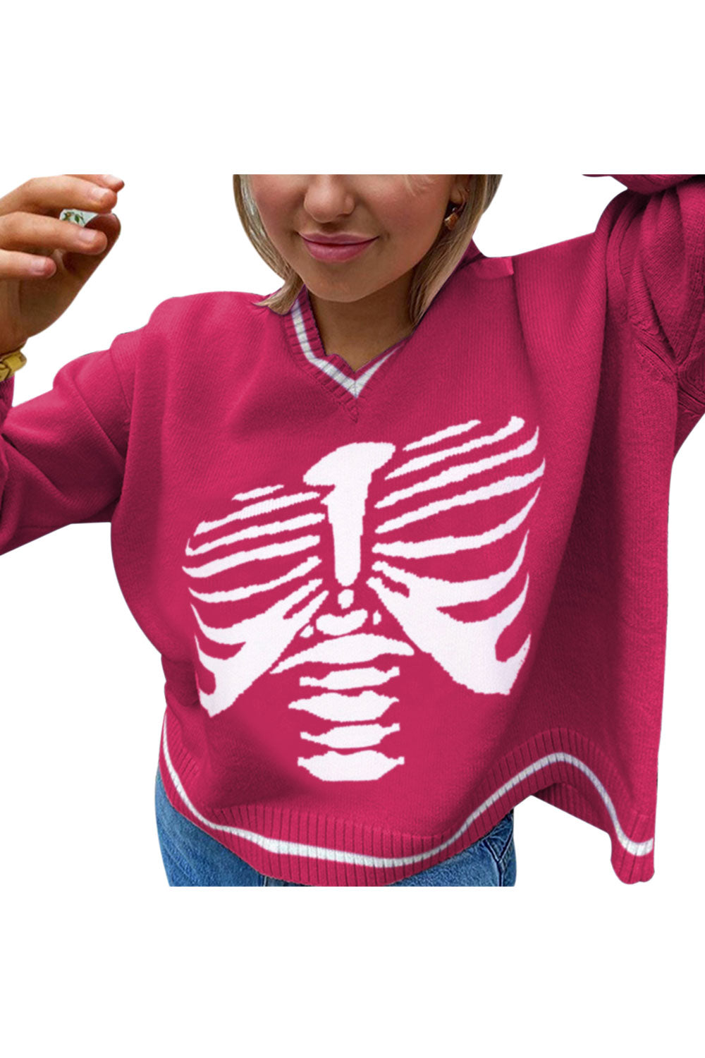 Women Restful V-Neck Classy Printed Pattern Warm Long Sleeve Winter Casual Sweater