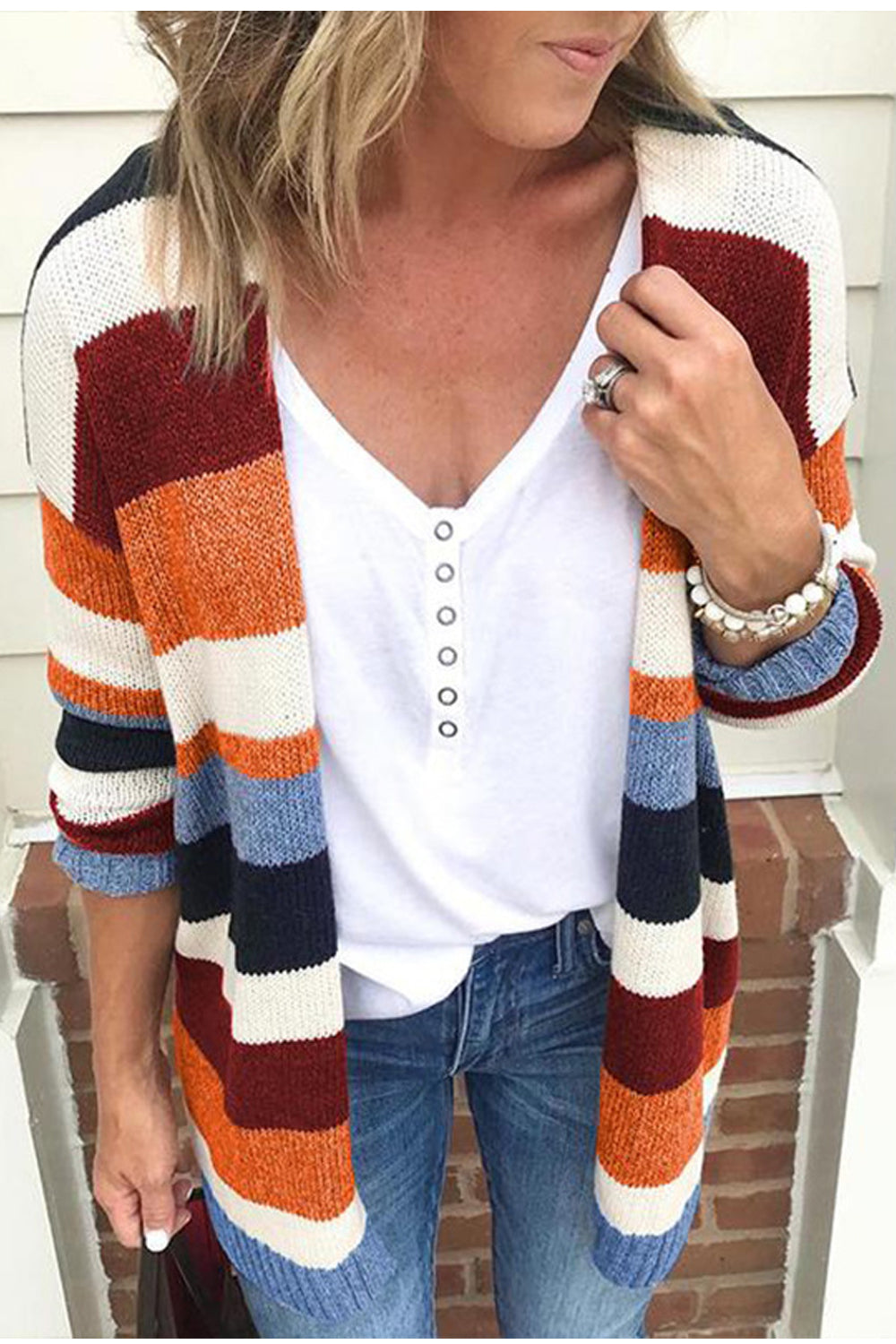 Women Amazing Front Open Style Colorful Stripe Pattern Knitted Comfy Winter Cardigan