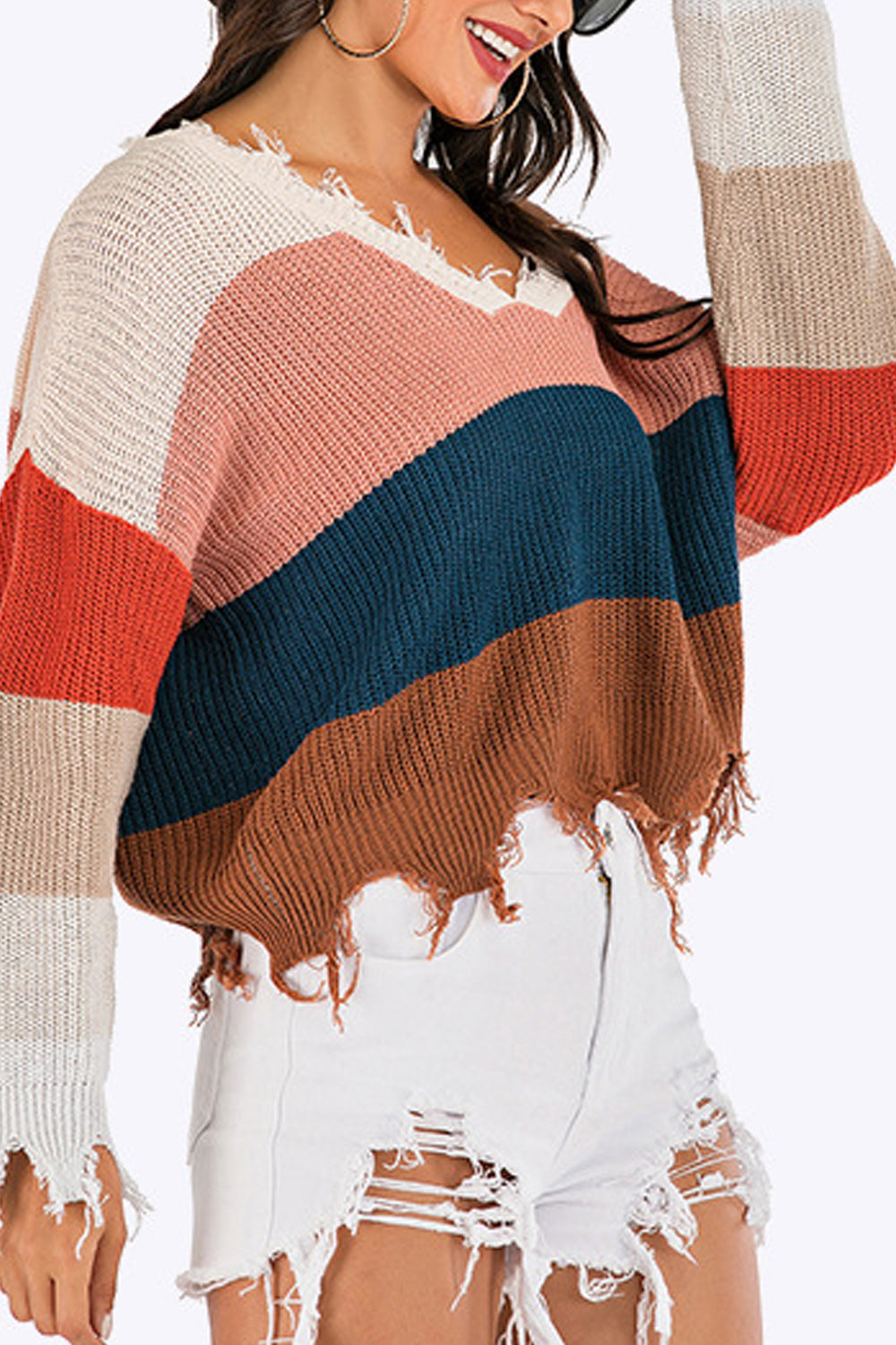Women Pullover Striped Full Sleeve Tassel Hem Warm Sweater
