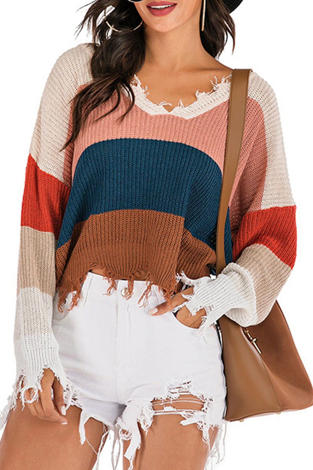 Women Pullover Striped Full Sleeve Tassel Hem Warm Sweater