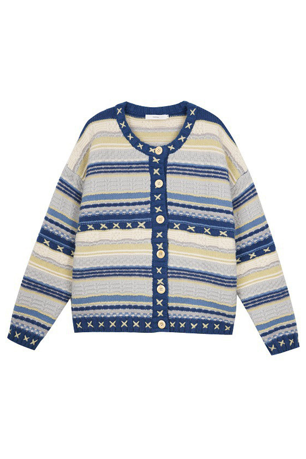 Women Round Neck Elegant Stripe Pattern Button Closure Winter Warm Cardigan